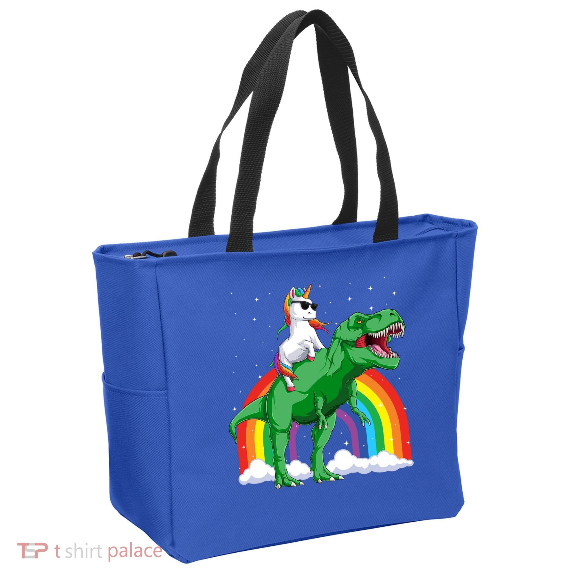 Unicorn Riding T Rex Dinosaur Rainbow Gift Tote Bag