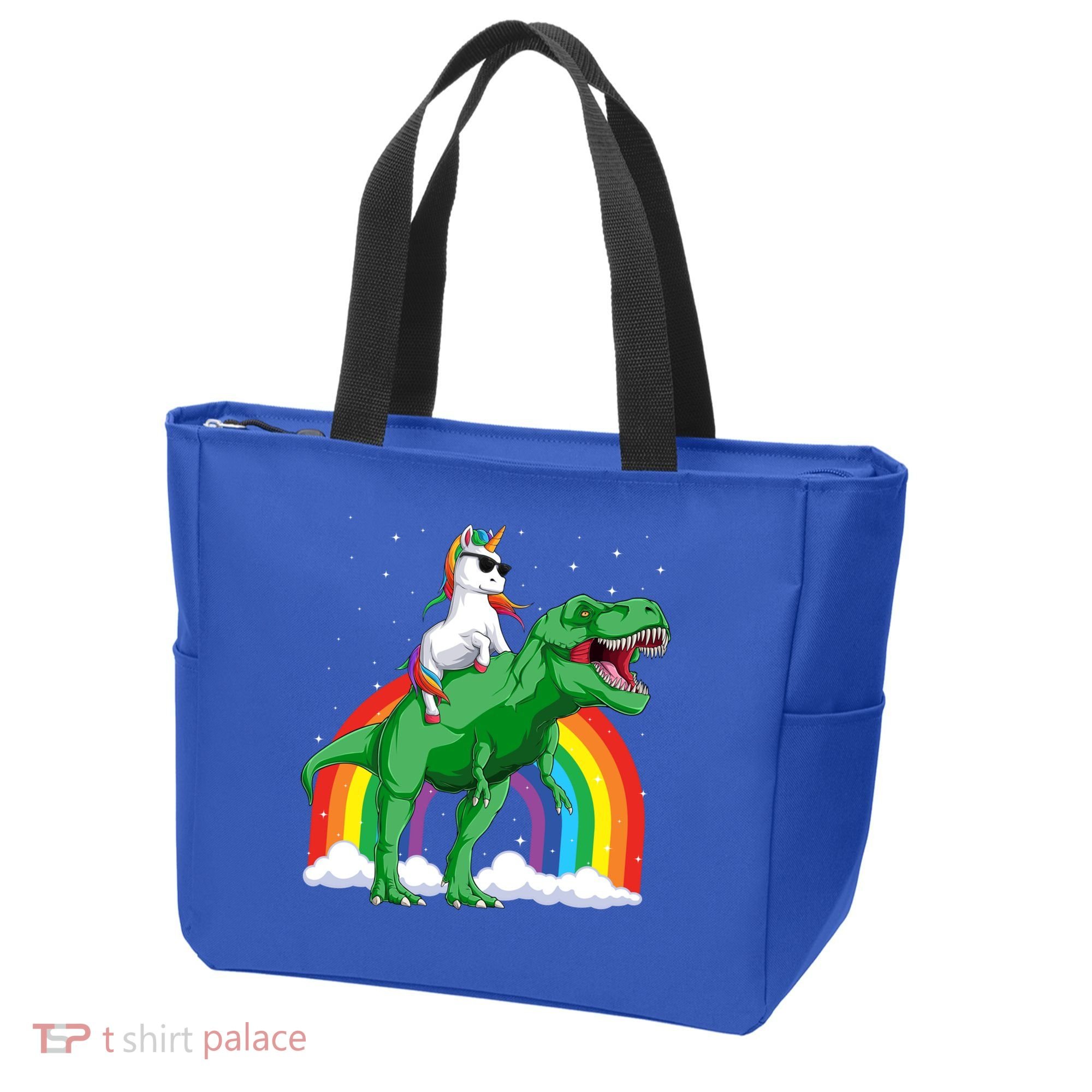Unicorn Riding T Rex Dinosaur Rainbow Gift Tote Bag