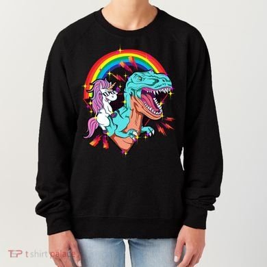 Unicorn Riding T Rex Rainbow Synthwave Dinosaur Gift Women's Sweatshirt