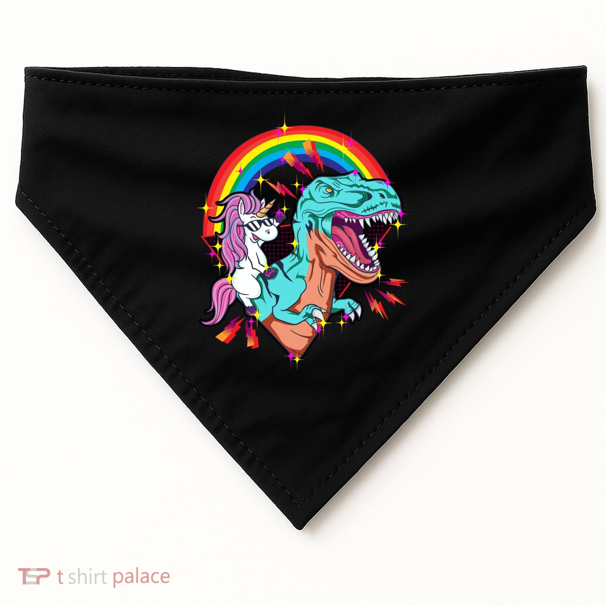Unicorn Riding T Rex Rainbow Synthwave Dinosaur Gift USA-Made Doggie Bandana