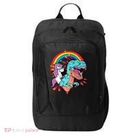 Unicorn Riding T Rex Rainbow Synthwave Dinosaur Gift City Backpack thumb 0
