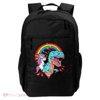 Unicorn Riding T Rex Rainbow Synthwave Dinosaur Gift Backpack thumb 0