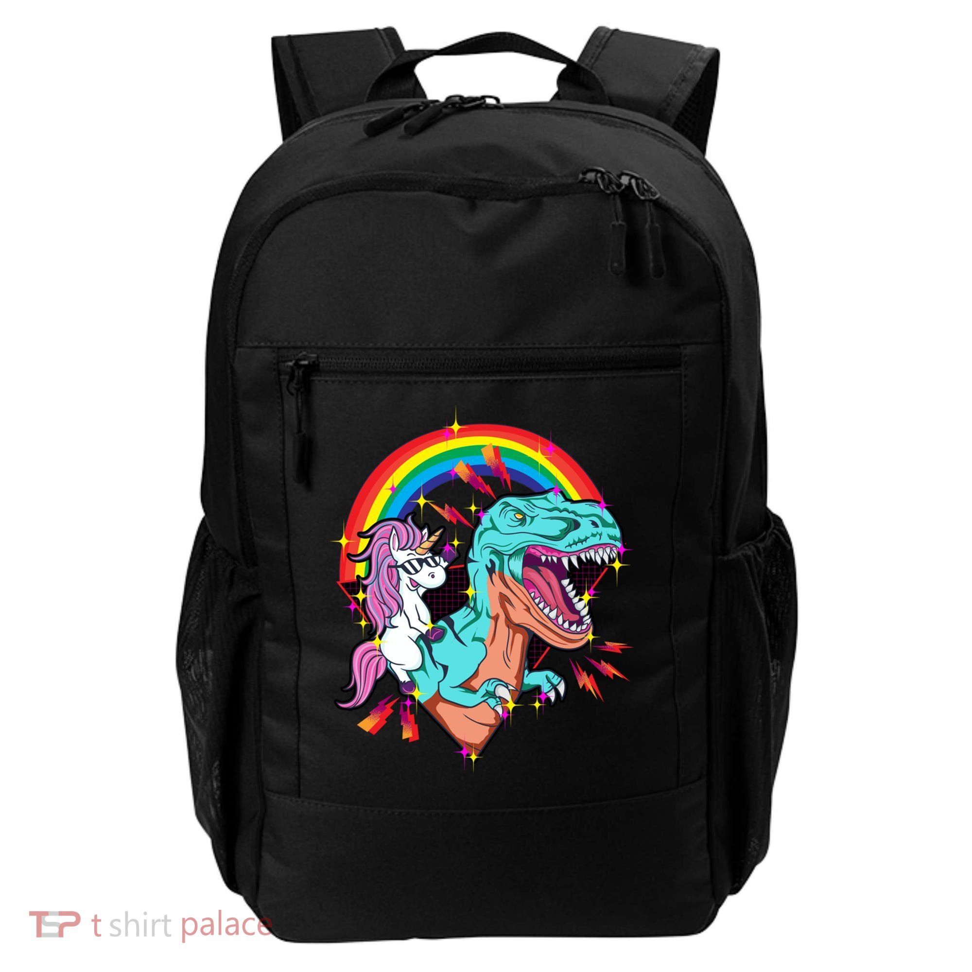 Unicorn Riding T Rex Rainbow Synthwave Dinosaur Gift Backpack