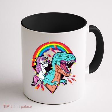 Unicorn Riding T Rex Rainbow Synthwave Dinosaur Gift Coffee Mug back