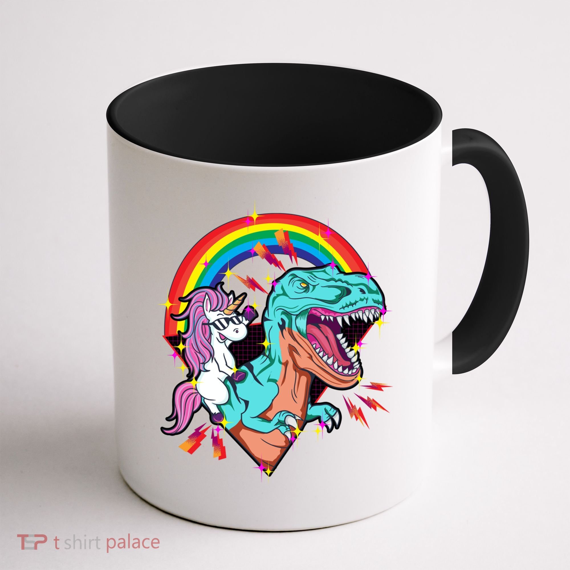 Unicorn Riding T Rex Rainbow Synthwave Dinosaur Gift Coffee Mug