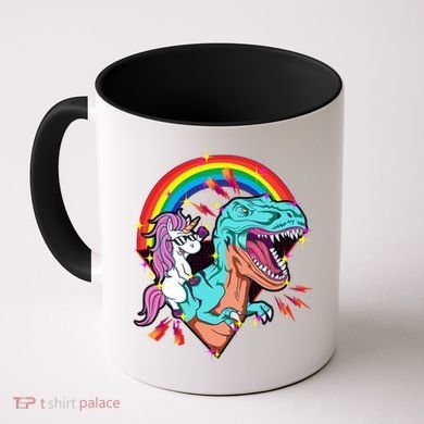 Unicorn Riding T Rex Rainbow Synthwave Dinosaur Gift Coffee Mug