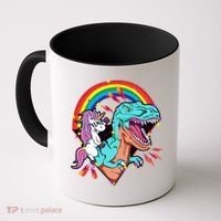 Unicorn Riding T Rex Rainbow Synthwave Dinosaur Gift Coffee Mug thumb 0