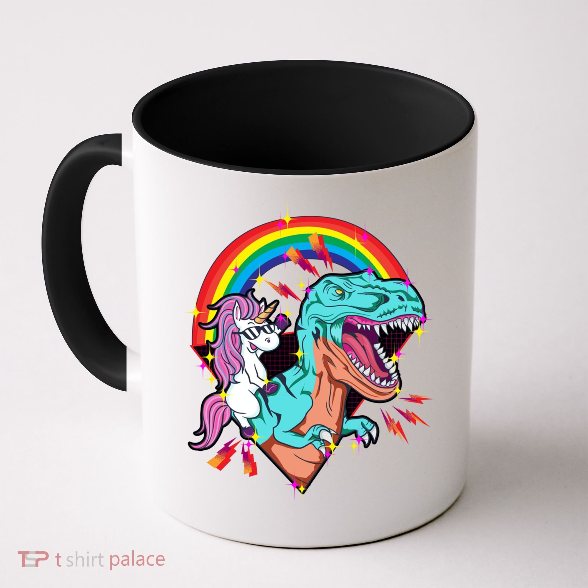 Unicorn Riding T Rex Rainbow Synthwave Dinosaur Gift Coffee Mug