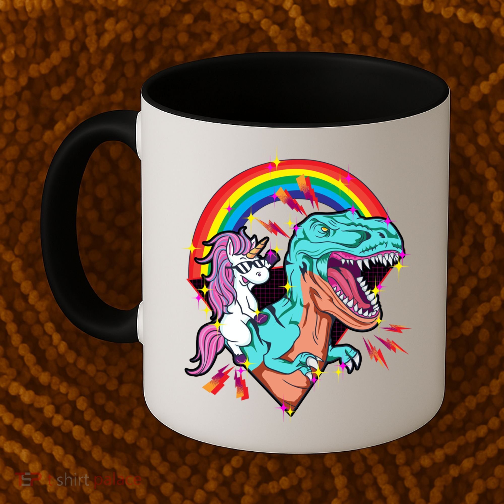 Unicorn Riding T Rex Rainbow Synthwave Dinosaur Gift Coffee Mug