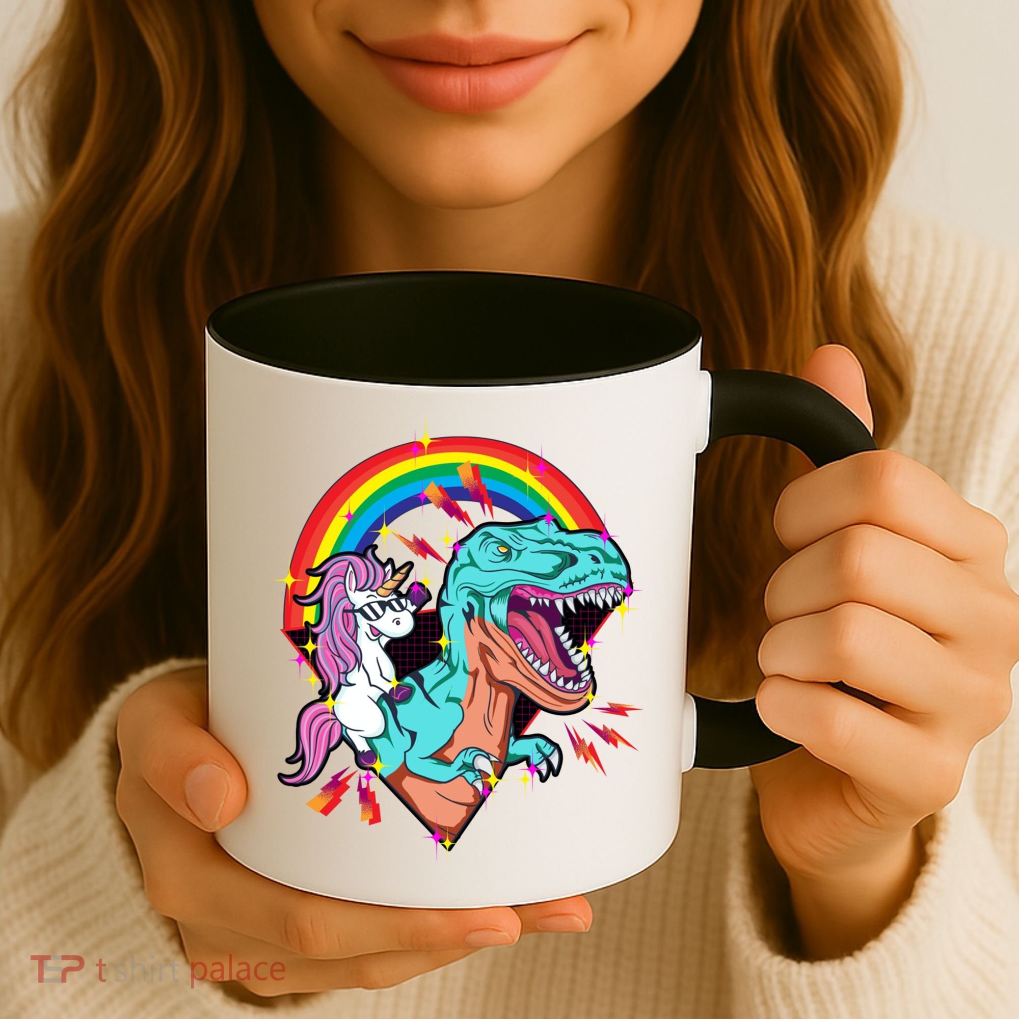 Unicorn Riding T Rex Rainbow Synthwave Dinosaur Gift Coffee Mug