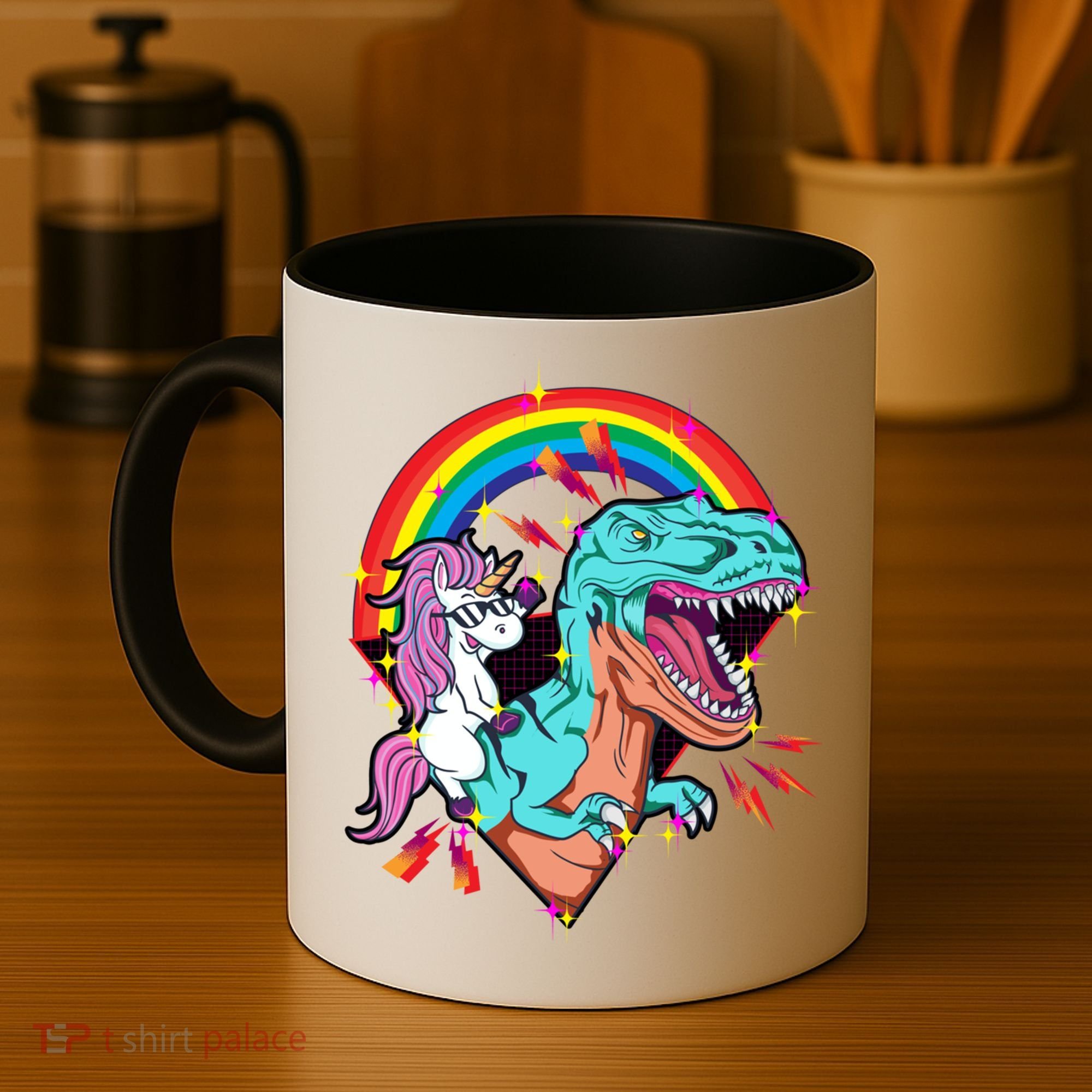 Unicorn Riding T Rex Rainbow Synthwave Dinosaur Gift Coffee Mug