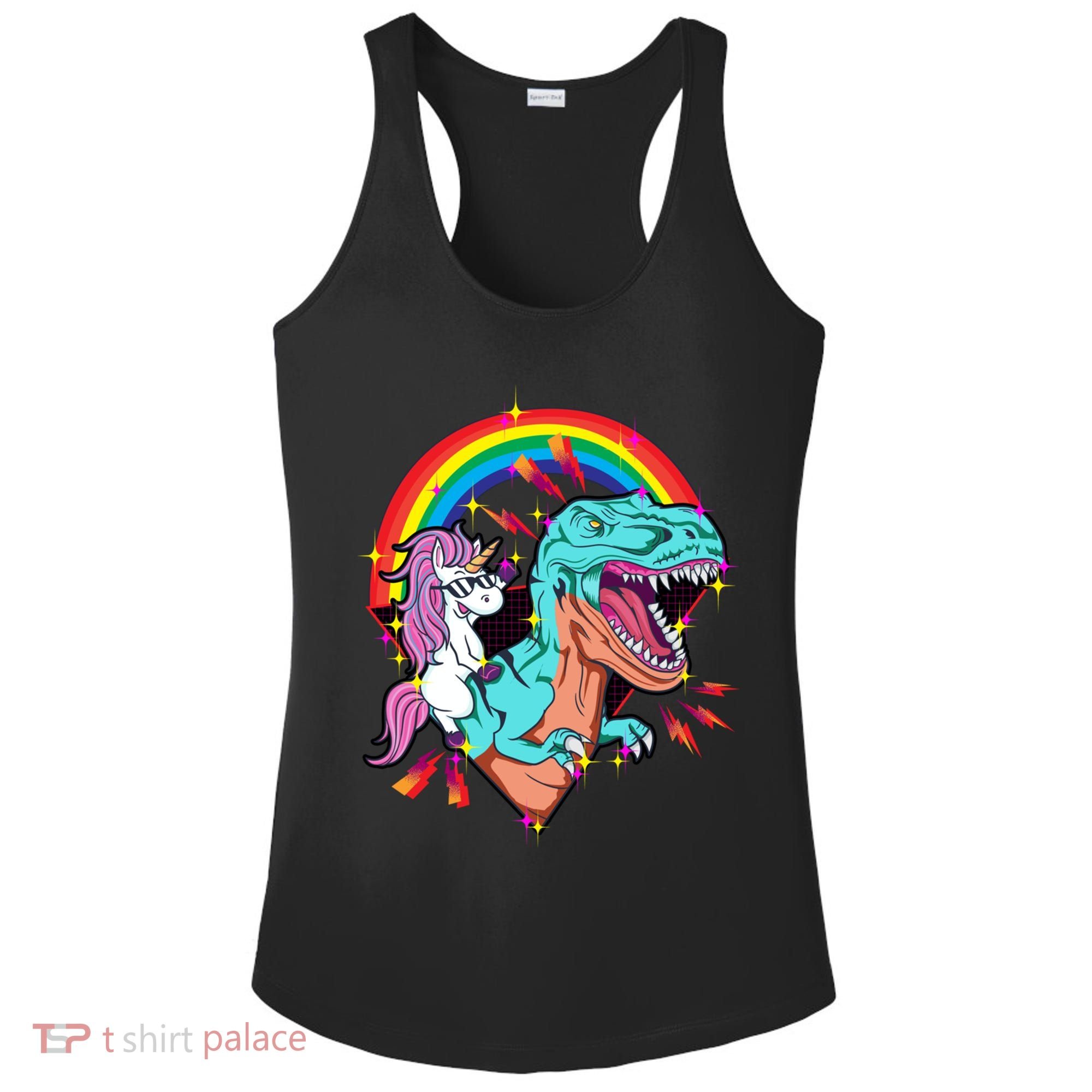 Unicorn Riding T Rex Rainbow Synthwave Dinosaur Gift Ladies PosiCharge Competitor Racerback Tank