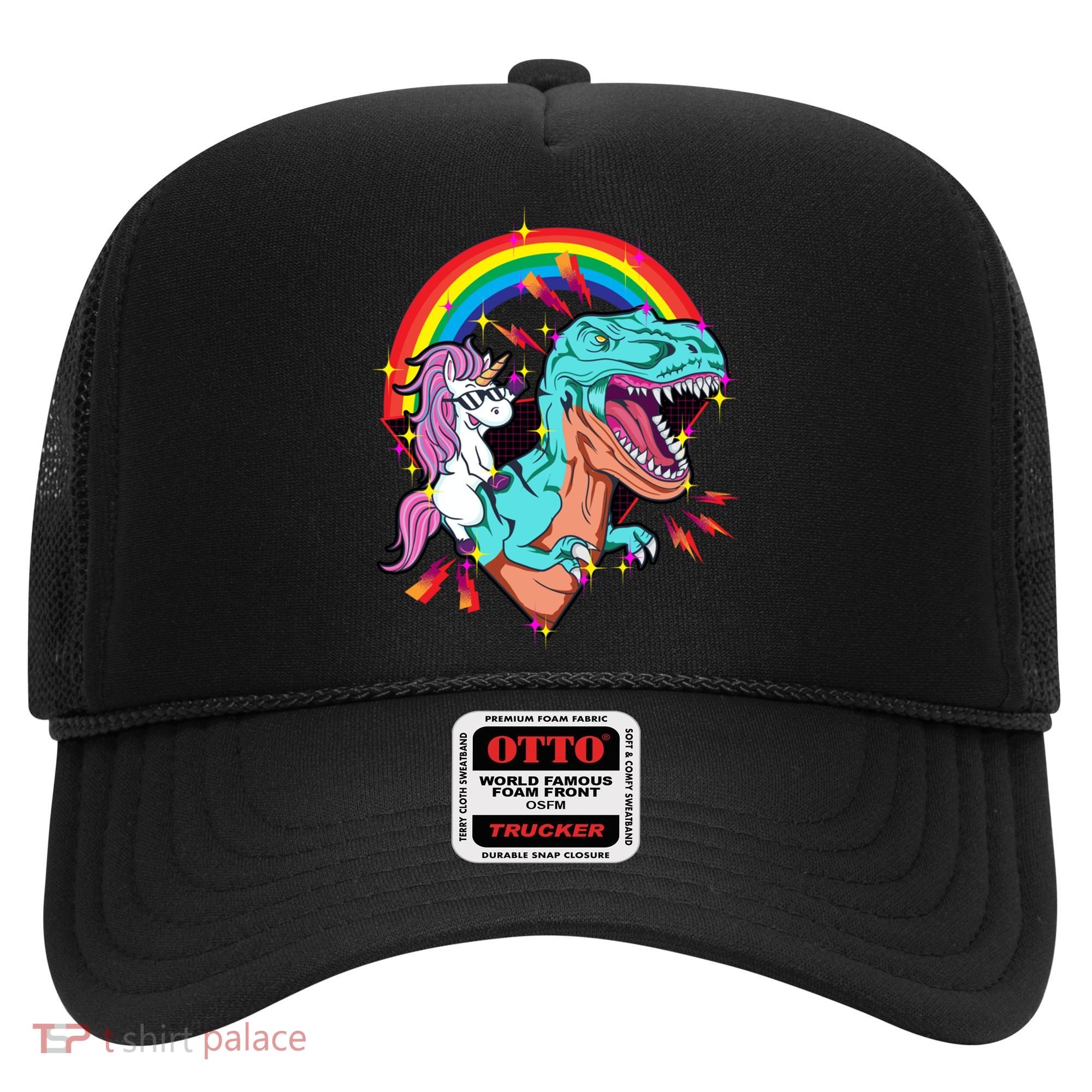Unicorn Riding T Rex Rainbow Synthwave Dinosaur Gift Hat
