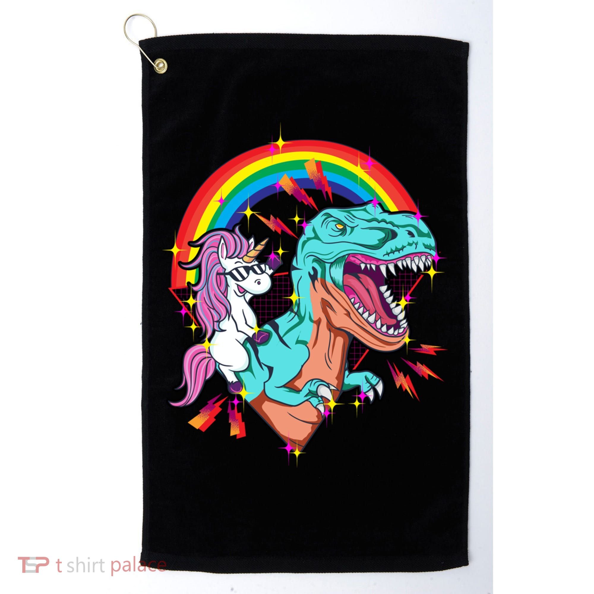Unicorn Riding T Rex Rainbow Synthwave Dinosaur Gift Golf Towel