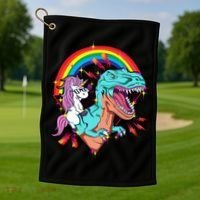 Unicorn Riding T Rex Rainbow Synthwave Dinosaur Gift Golf Towel thumb 1