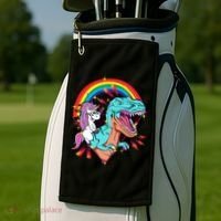 Unicorn Riding T Rex Rainbow Synthwave Dinosaur Gift Golf Towel thumb 2