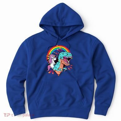 Unicorn Riding T Rex Rainbow Synthwave Dinosaur Gift Hoodie