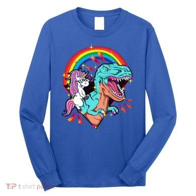 Unicorn Riding T Rex Rainbow Synthwave Dinosaur Gift Long Sleeve Shirt