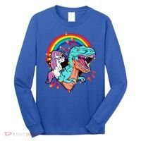 Unicorn Riding T Rex Rainbow Synthwave Dinosaur Gift Long Sleeve Shirt thumb 0