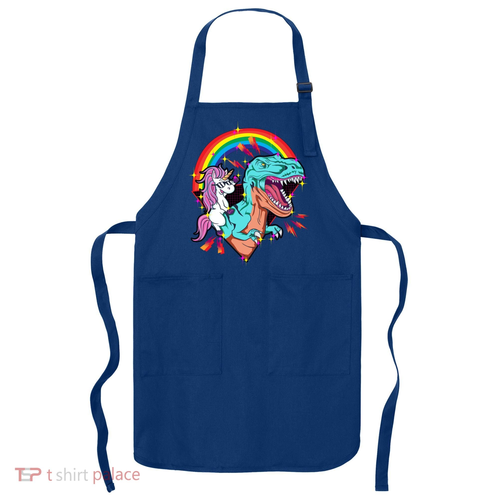 Unicorn Riding T Rex Rainbow Synthwave Dinosaur Gift Apron