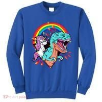 Unicorn Riding T Rex Rainbow Synthwave Dinosaur Gift Sweatshirt thumb 0