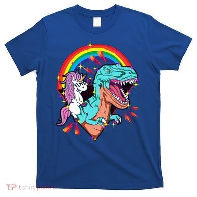 Unicorn Riding T Rex Rainbow Synthwave Dinosaur Gift T-Shirt