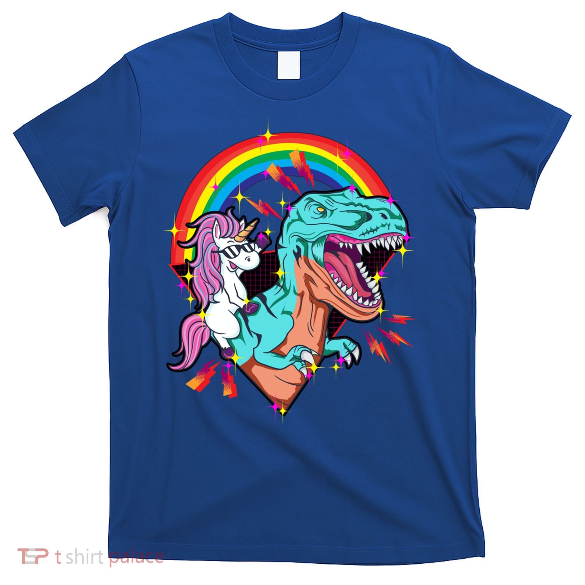 Unicorn Riding T Rex Rainbow Synthwave Dinosaur Gift T-Shirt