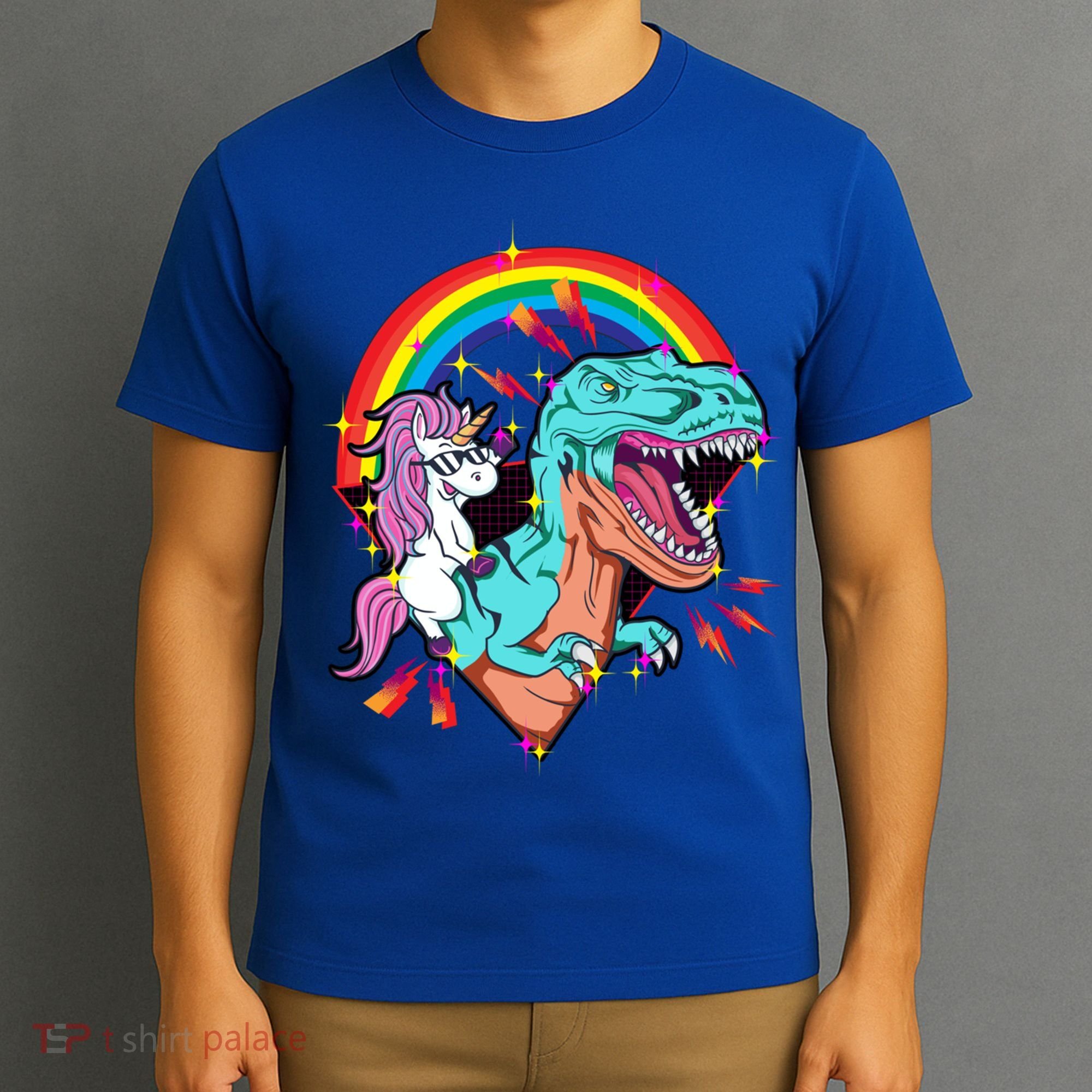 Unicorn Riding T Rex Rainbow Synthwave Dinosaur Gift T-Shirt