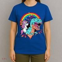 Unicorn Riding T Rex Rainbow Synthwave Dinosaur Gift T-Shirt thumb 4