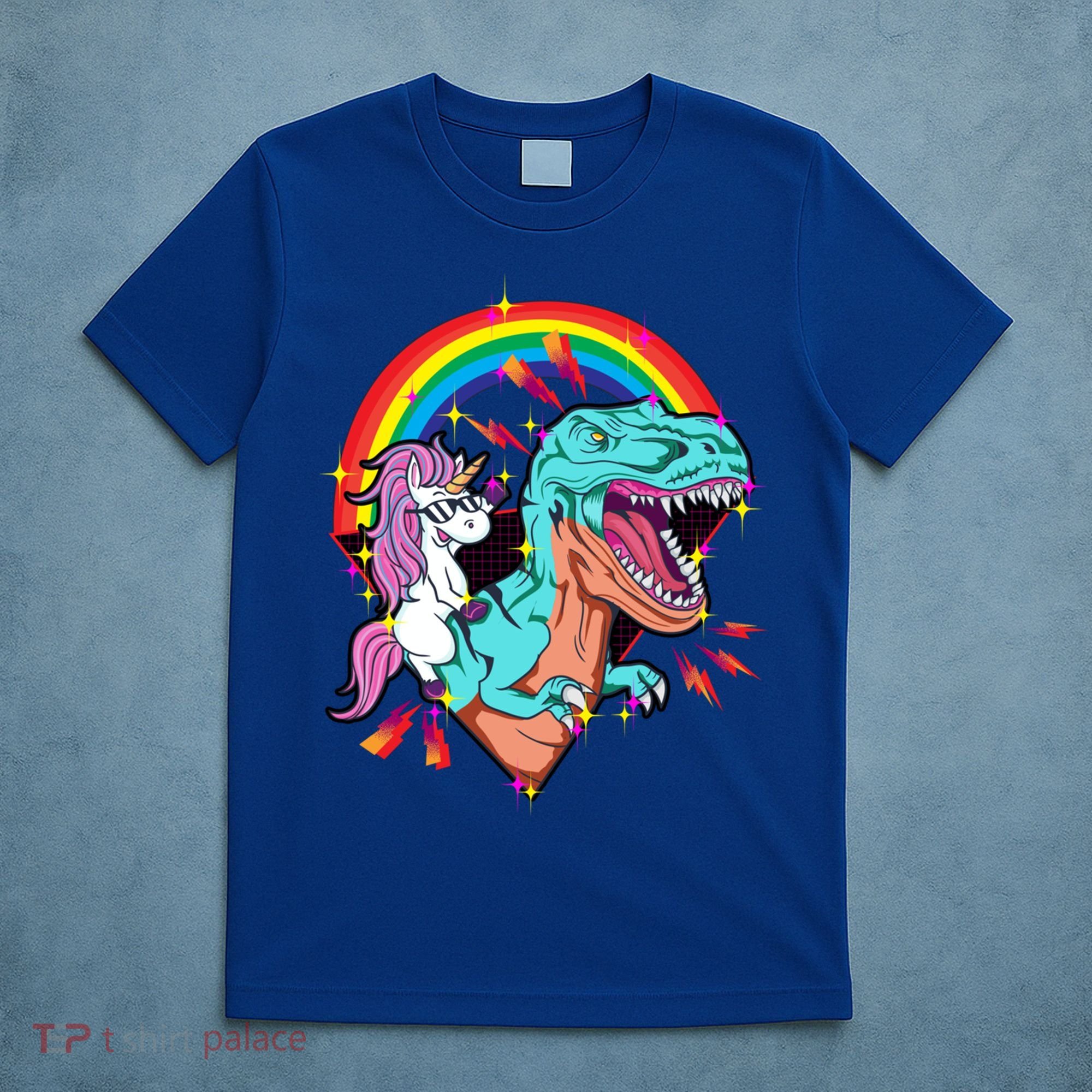 Unicorn Riding T Rex Rainbow Synthwave Dinosaur Gift T-Shirt