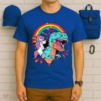 Unicorn Riding T Rex Rainbow Synthwave Dinosaur Gift T-Shirt thumb 6