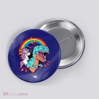 Unicorn Riding T Rex Rainbow Synthwave Dinosaur Gift Button thumb 0
