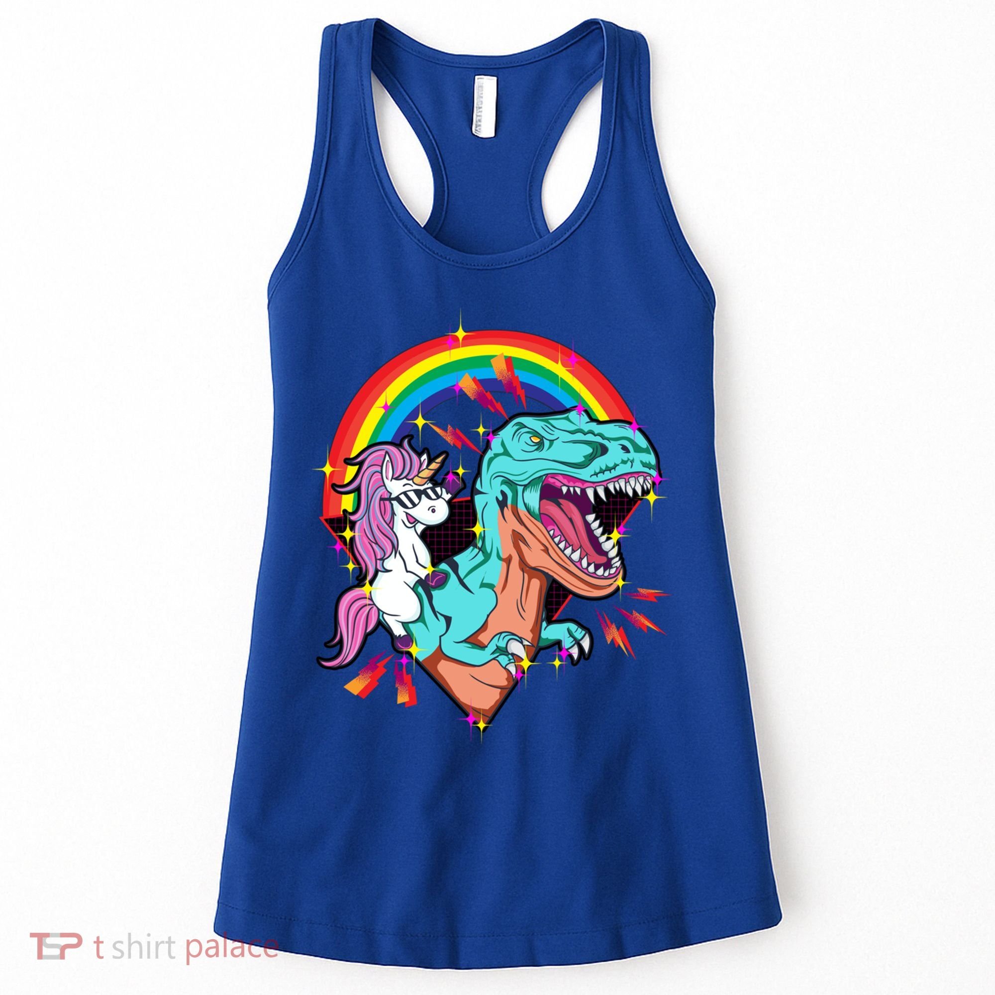 Unicorn Riding T Rex Rainbow Synthwave Dinosaur Gift Women's Tank Top