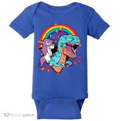 Unicorn Riding T Rex Rainbow Synthwave Dinosaur Gift Baby Bodysuit