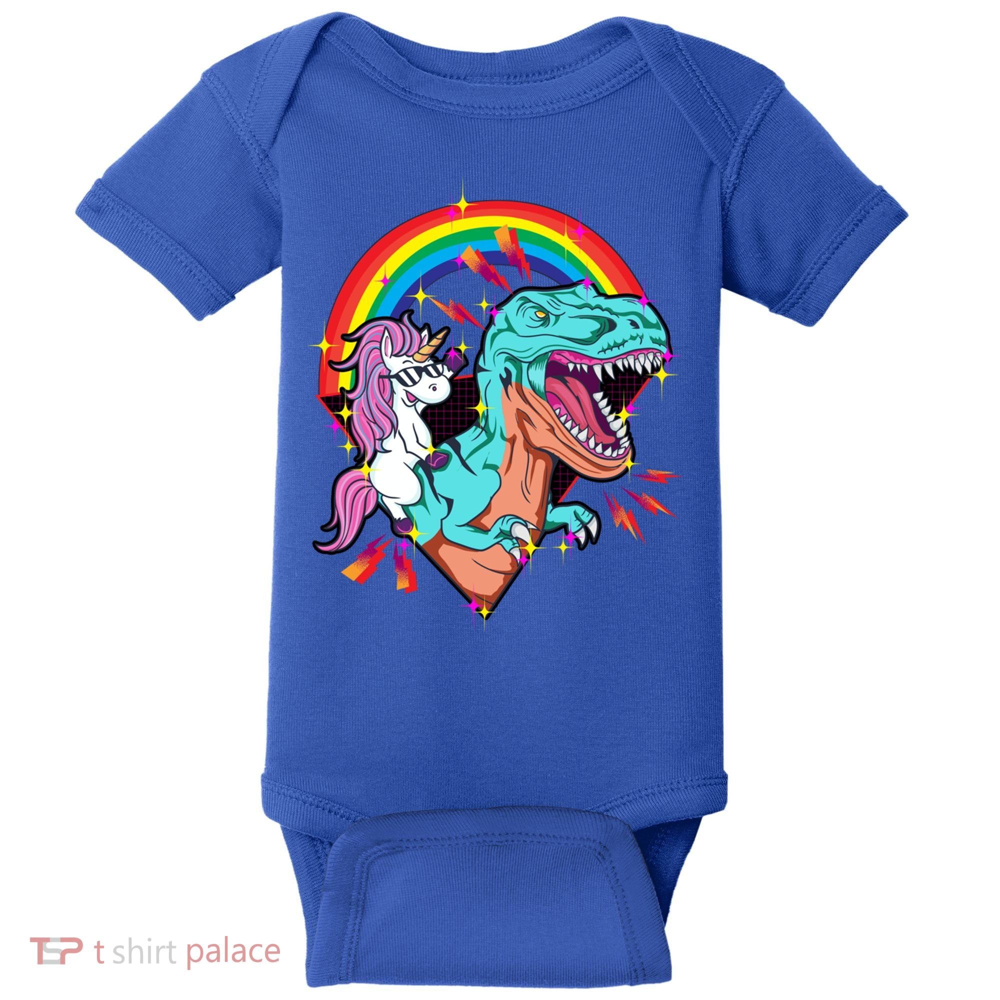 Unicorn Riding T Rex Rainbow Synthwave Dinosaur Gift Baby Bodysuit