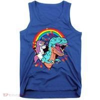 Unicorn Riding T Rex Rainbow Synthwave Dinosaur Gift Tank Top thumb 0