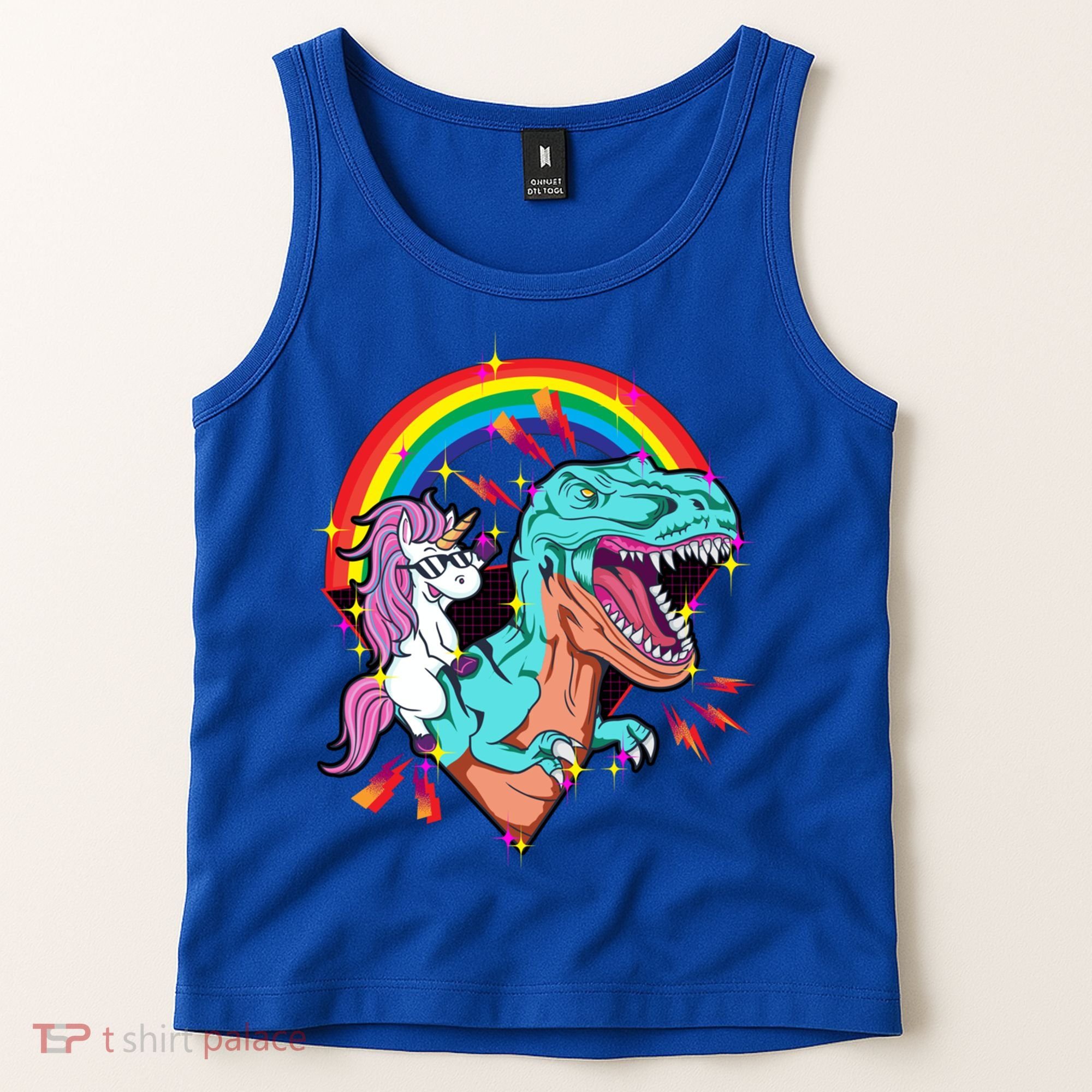 Unicorn Riding T Rex Rainbow Synthwave Dinosaur Gift Tank Top