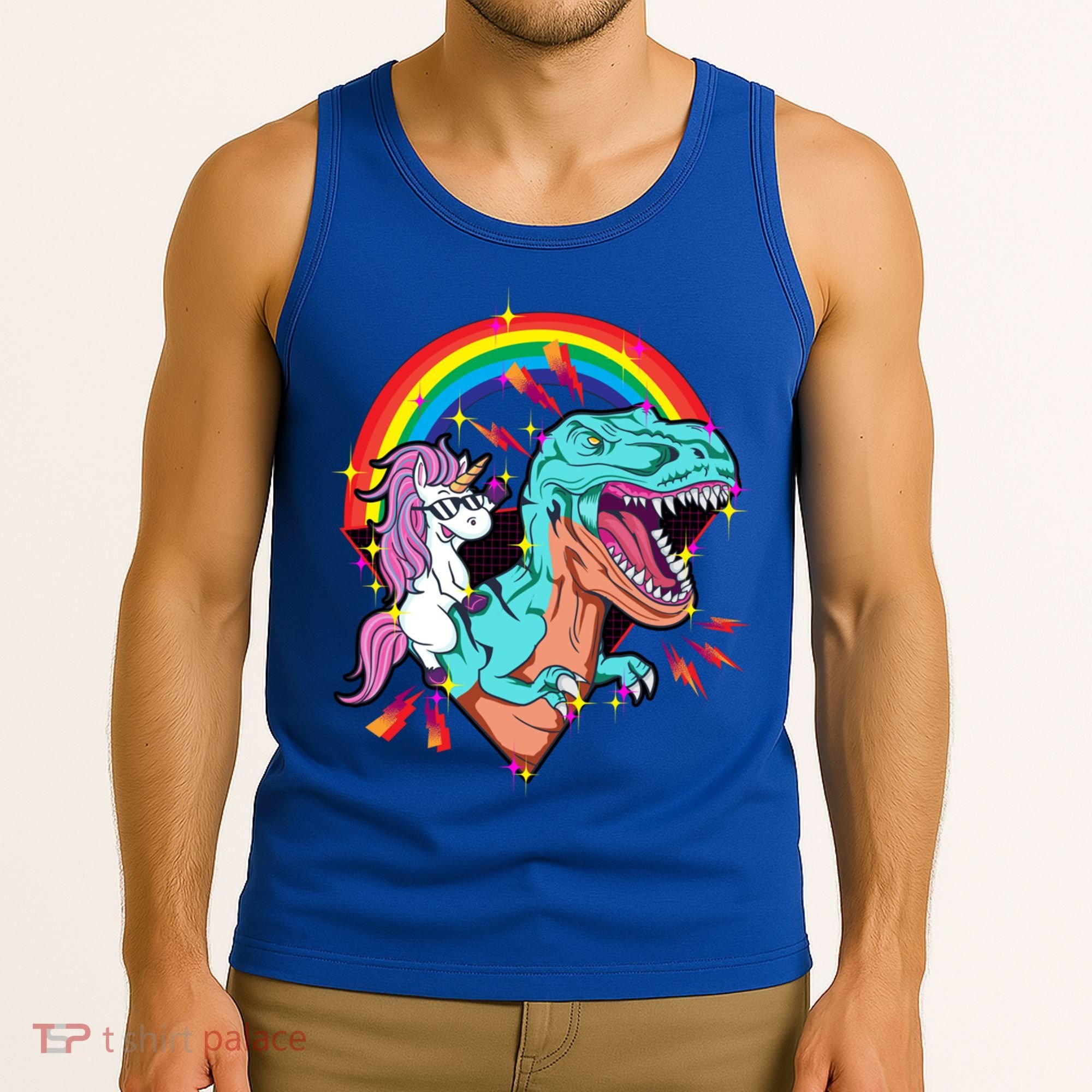 Unicorn Riding T Rex Rainbow Synthwave Dinosaur Gift Tank Top