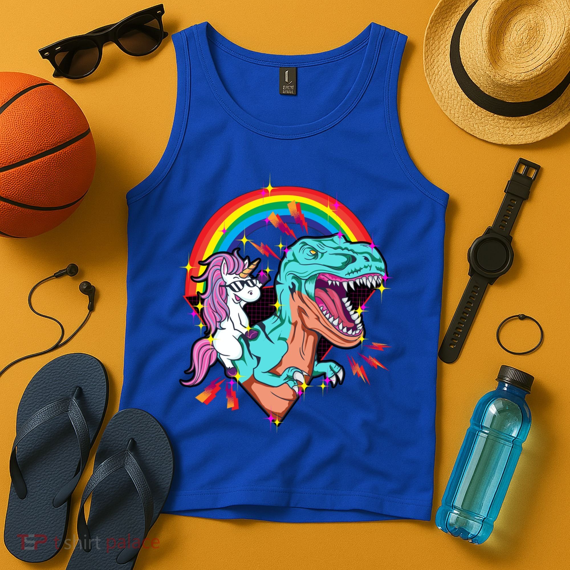 Unicorn Riding T Rex Rainbow Synthwave Dinosaur Gift Tank Top