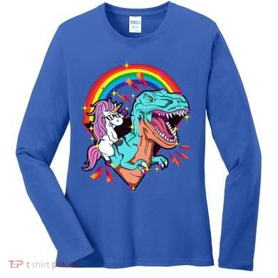 Unicorn Riding T Rex Rainbow Synthwave Dinosaur Gift Women's Long Sleeve Shirt