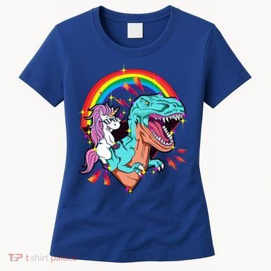 Unicorn Riding T Rex Rainbow Synthwave Dinosaur Gift Women's T-Shirt