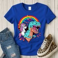 Unicorn Riding T Rex Rainbow Synthwave Dinosaur Gift Women's T-Shirt thumb 3