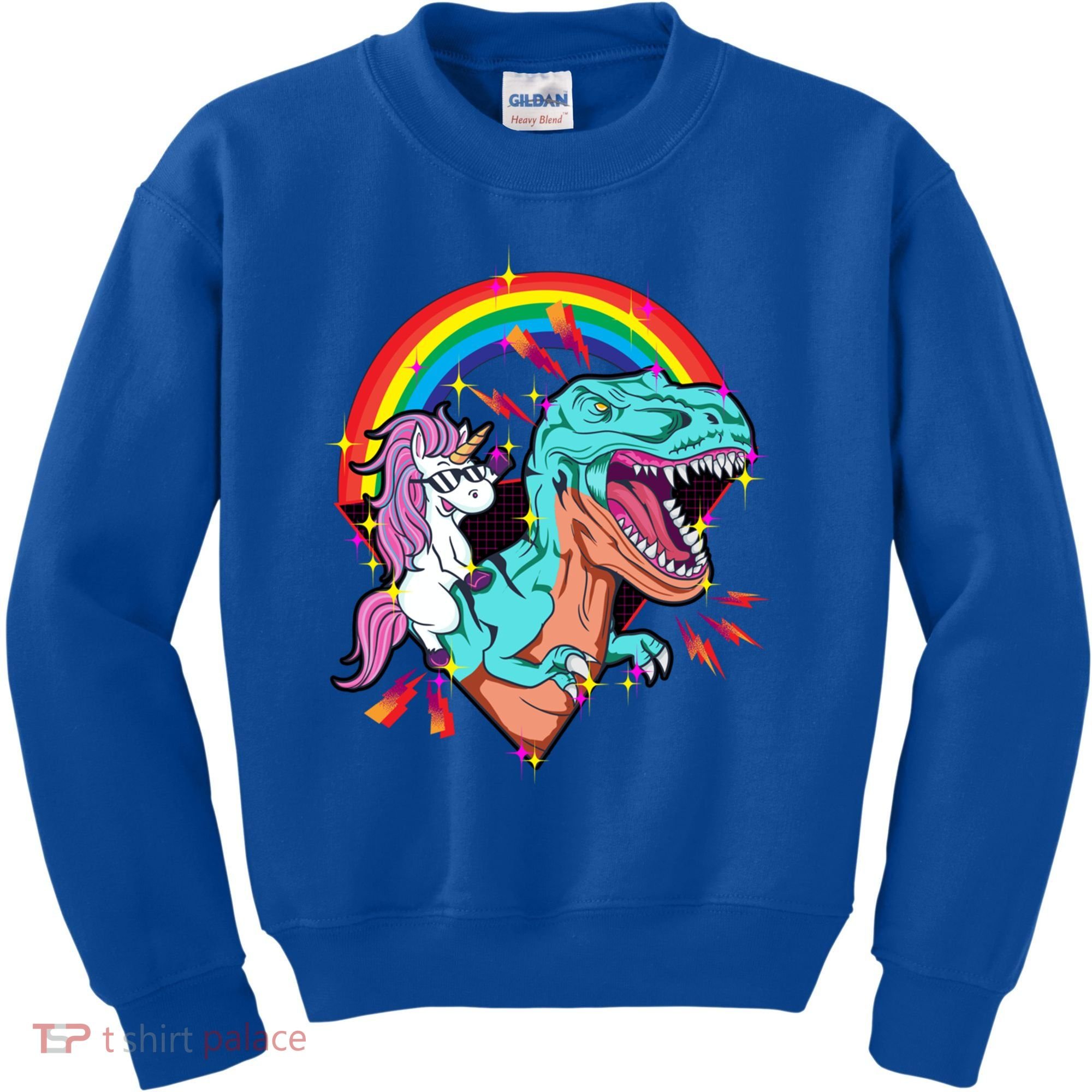 Unicorn Riding T Rex Rainbow Synthwave Dinosaur Gift Kids Sweatshirt
