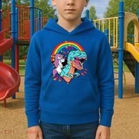 Unicorn Riding T Rex Rainbow Synthwave Dinosaur Gift Kids Hoodie thumb 2