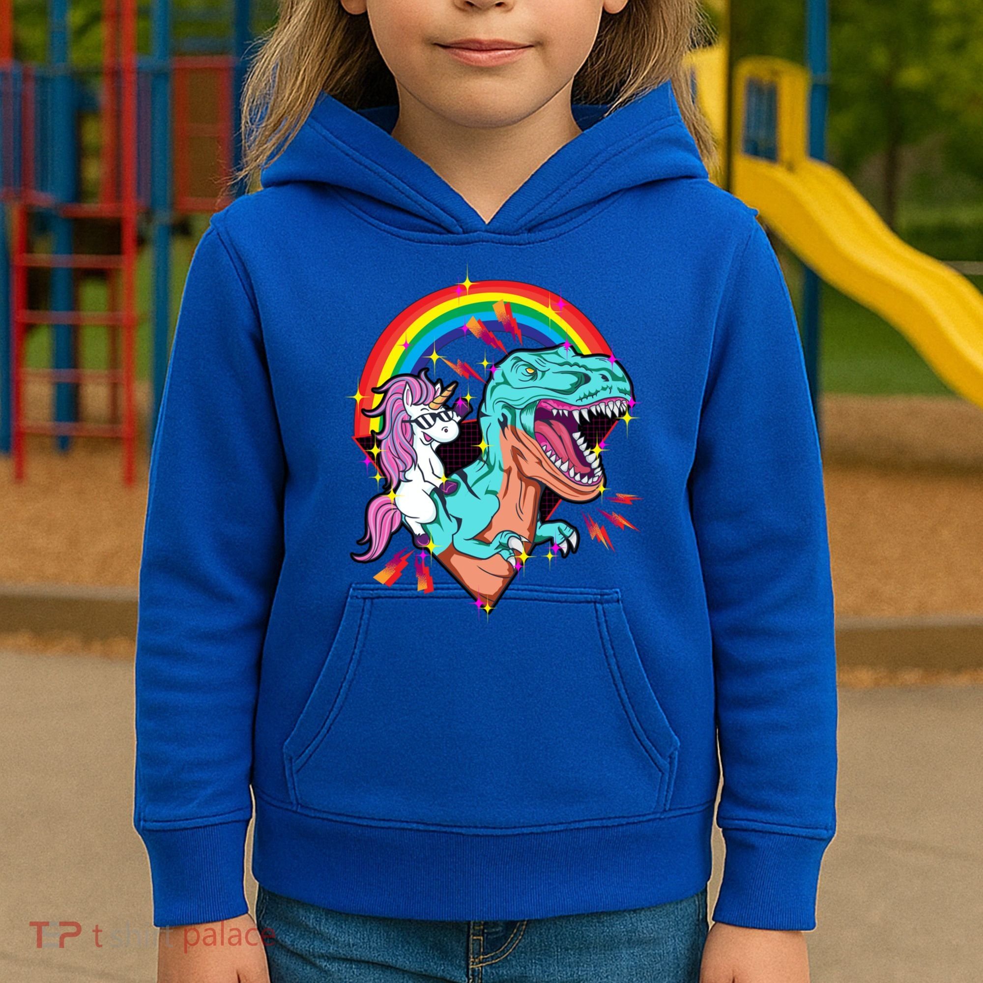 Unicorn Riding T Rex Rainbow Synthwave Dinosaur Gift Kids Hoodie
