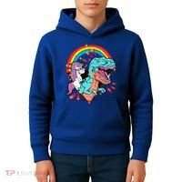 Unicorn Riding T Rex Rainbow Synthwave Dinosaur Gift Kids Hoodie thumb 4