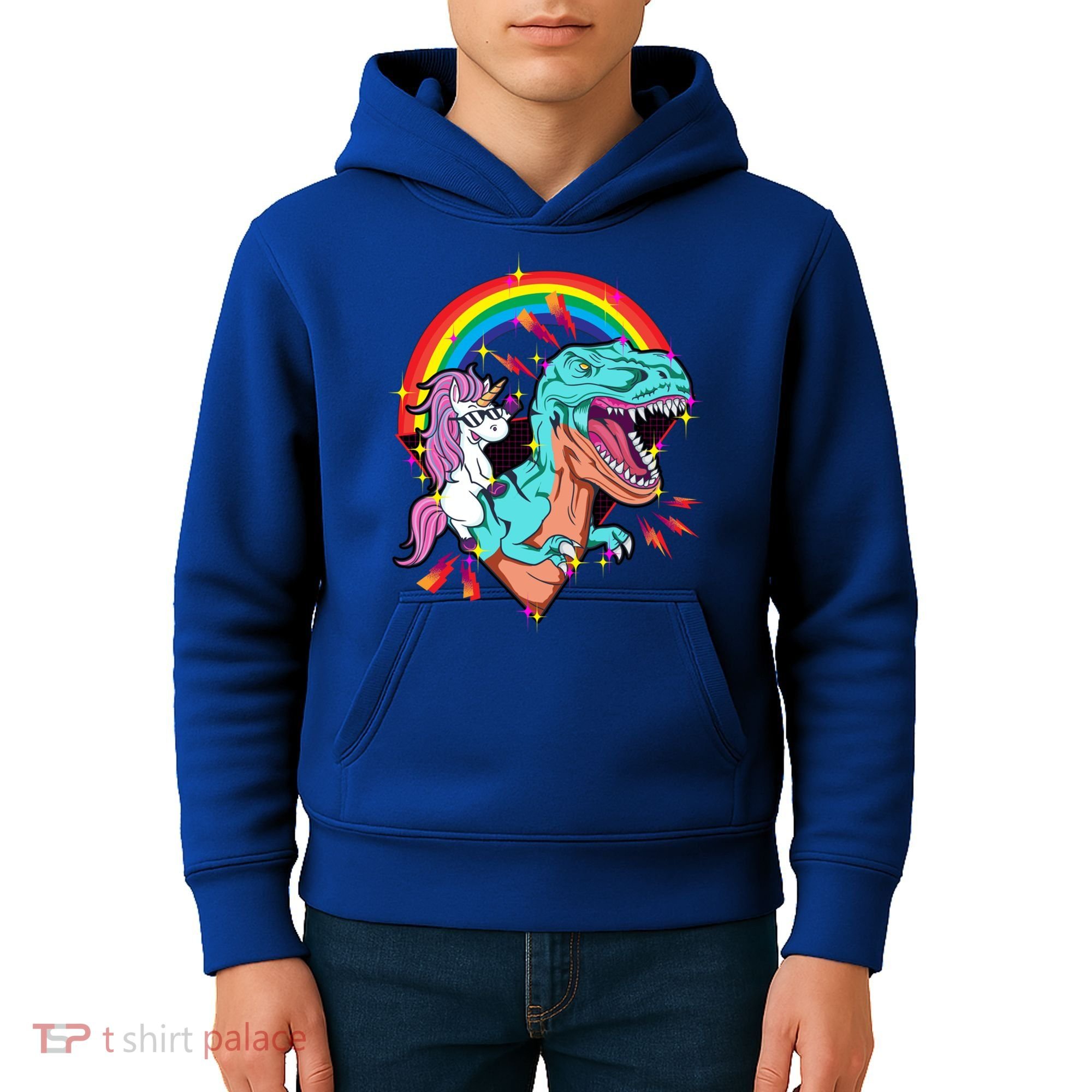 Unicorn Riding T Rex Rainbow Synthwave Dinosaur Gift Kids Hoodie