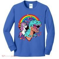 Unicorn Riding T Rex Rainbow Synthwave Dinosaur Gift Kids Long Sleeve Shirt thumb 0