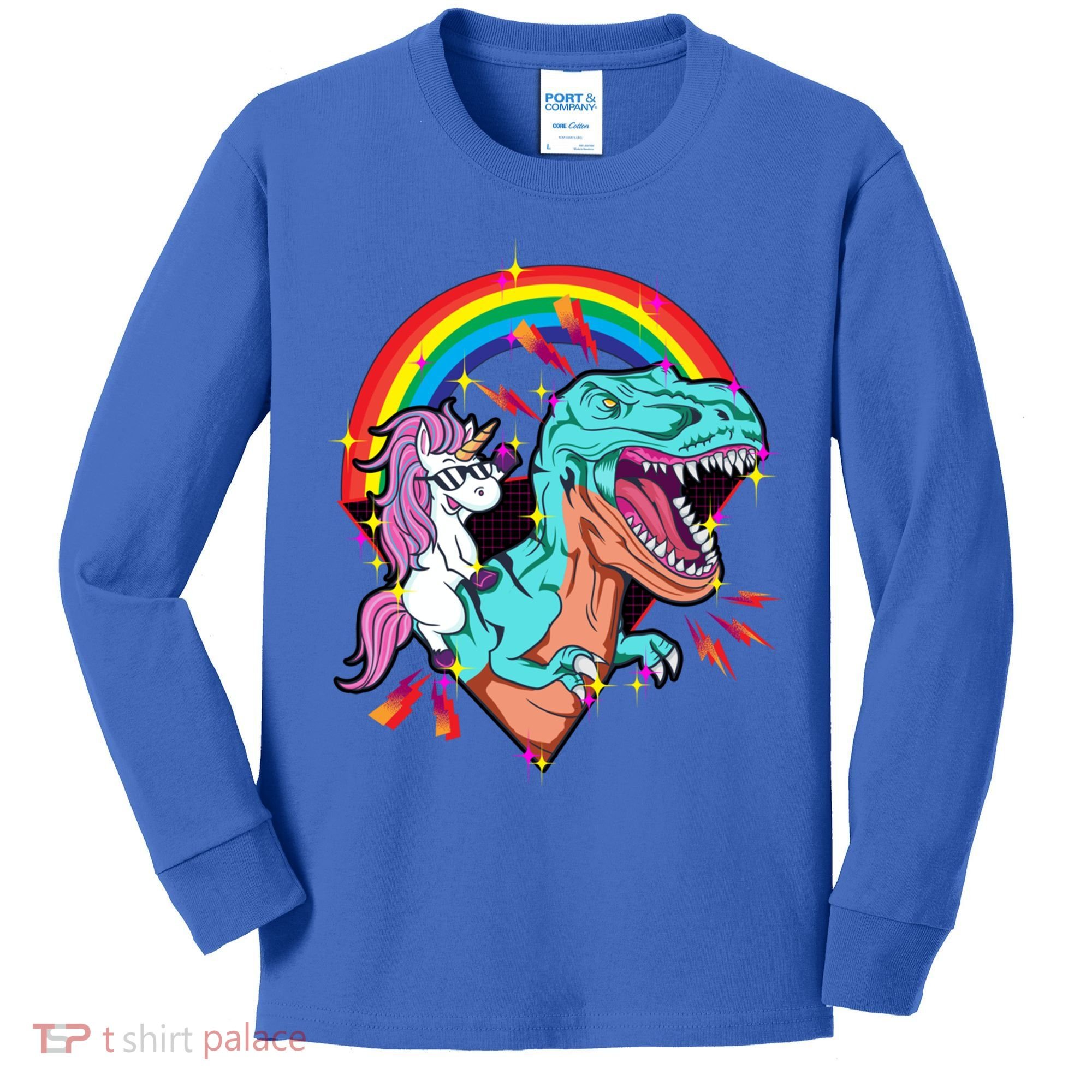 Unicorn Riding T Rex Rainbow Synthwave Dinosaur Gift Kids Long Sleeve Shirt