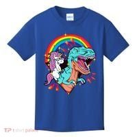 Unicorn Riding T Rex Rainbow Synthwave Dinosaur Gift Kids T-Shirt thumb 0